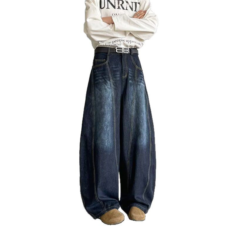 Deep blue washed wide leg jeans for men