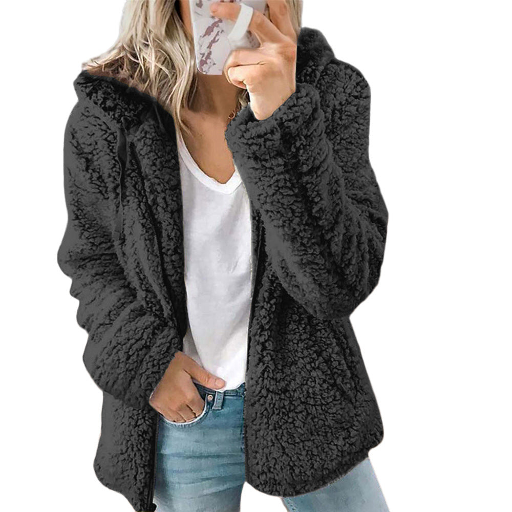 European and American women's hooded woolen autumn and winter top jacket