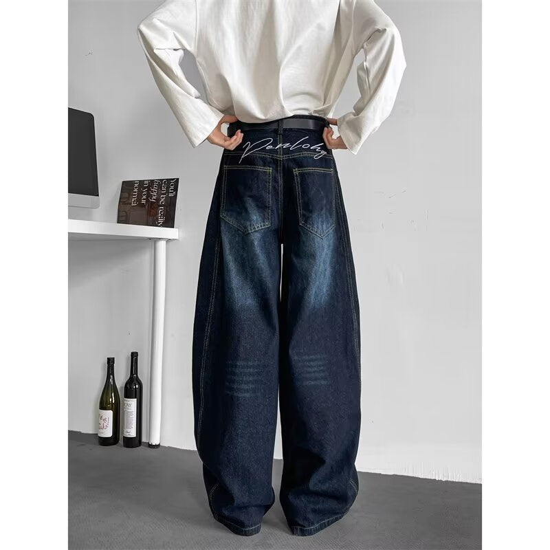 Deep blue washed wide leg jeans for men