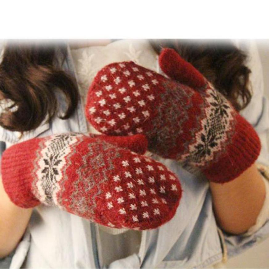 Fashion Knit Wool Women Girl Snowflake Winter Keep Warm Mittens Gloves