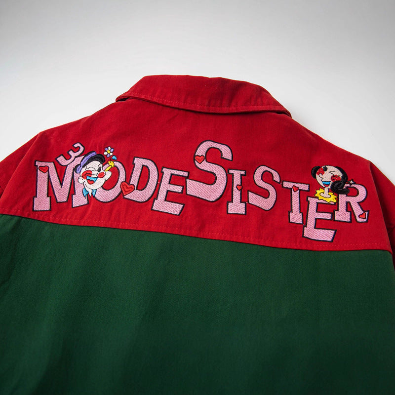 Vintage Style Cartoon Embroidery Color-block Baseball Jacket for Men and Women, Casual Loose Fit