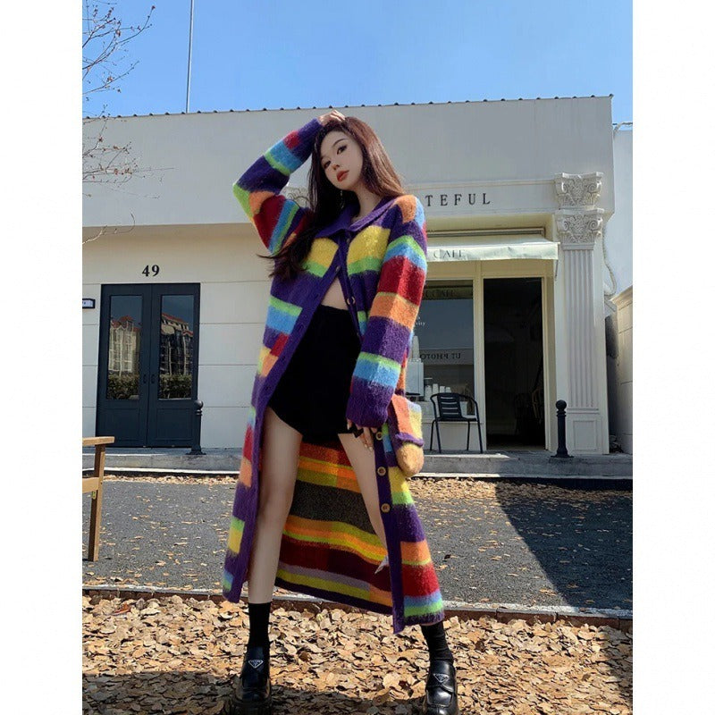 Rainbow Striped Sweater Coat Women's Autumn and Winter