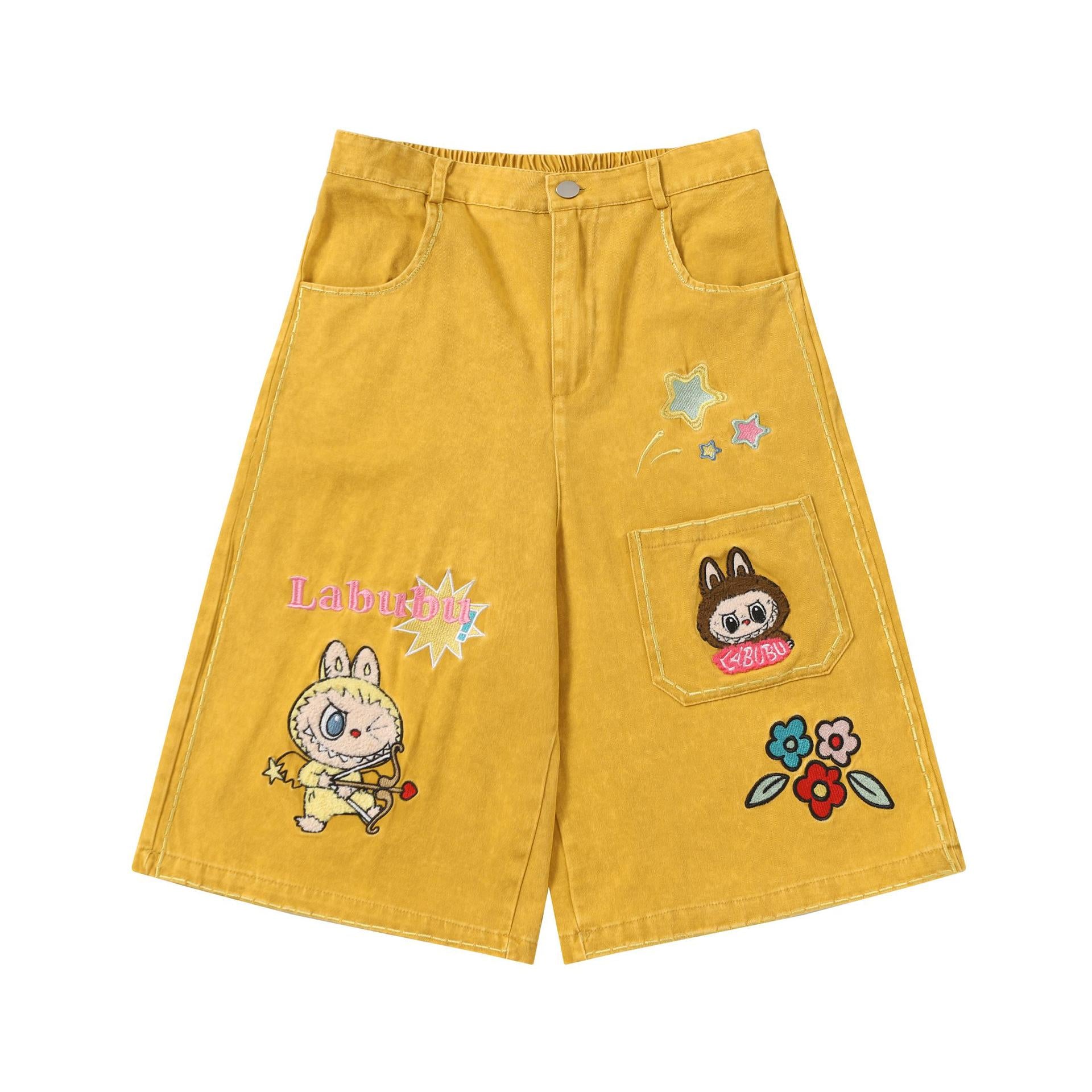 Cartoon embroidered denim shorts for men and women