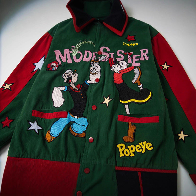 Vintage Style Cartoon Embroidery Color-block Baseball Jacket for Men and Women, Casual Loose Fit