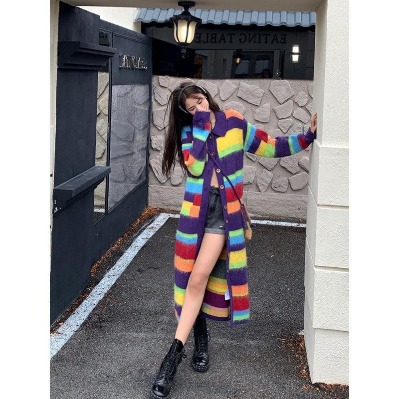 Rainbow Striped Sweater Coat Women's Autumn and Winter