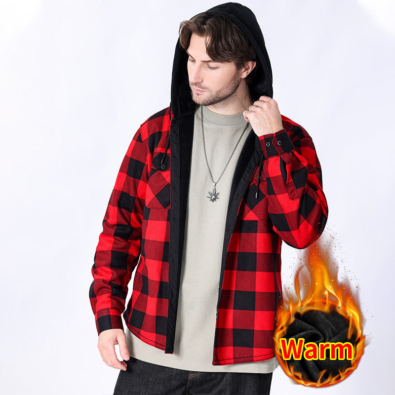 Casual fleece hooded checkered shirt for men outerwear for men