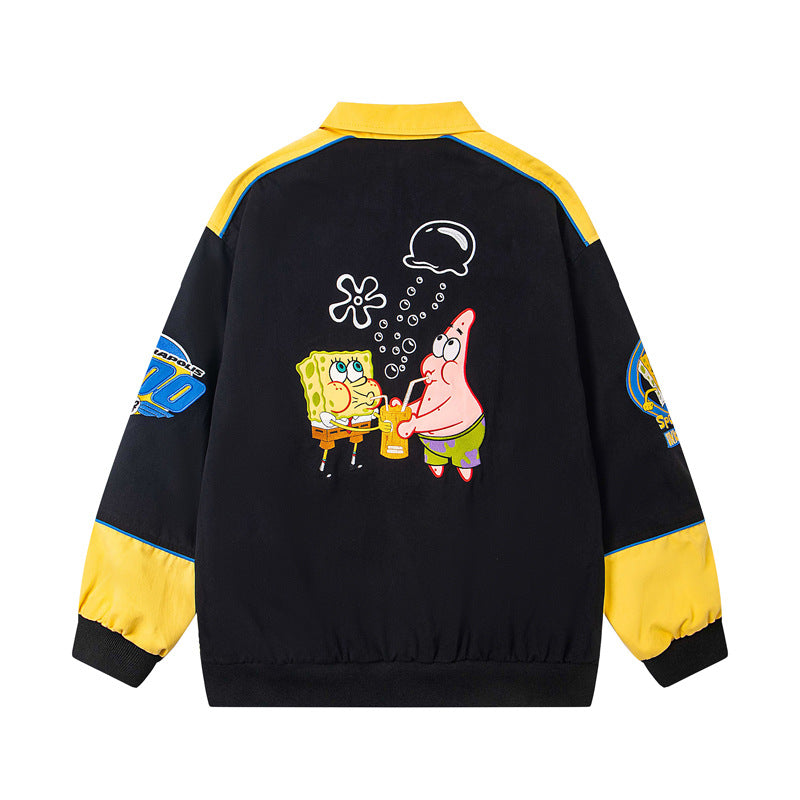 Casual Color Block Patchwork Baseball Jacket with Cartoon Embroidery, Loose Fit Moto Style for Men and Women