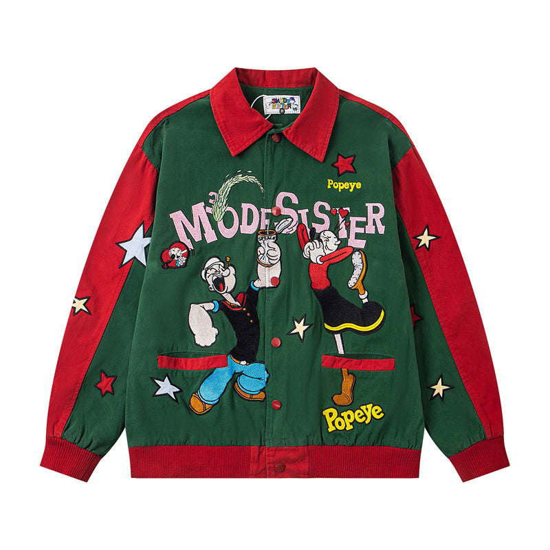 Vintage Style Cartoon Embroidery Color-block Baseball Jacket for Men and Women, Casual Loose Fit