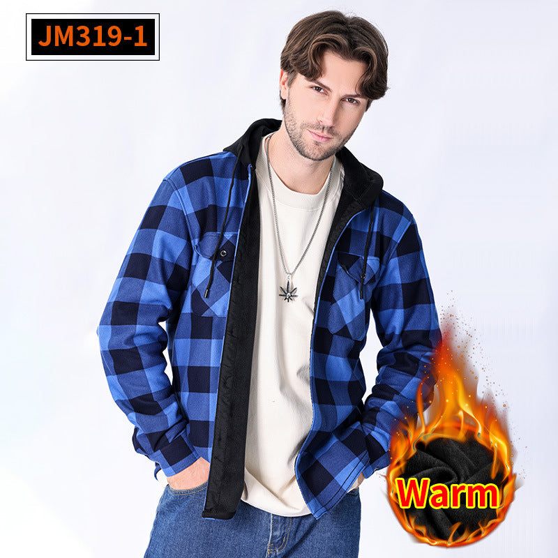 Casual fleece hooded checkered shirt for men outerwear for men