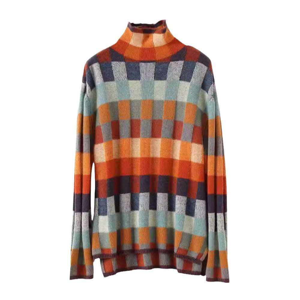 Autumn and winter high neck lazy slimming plaid sweater