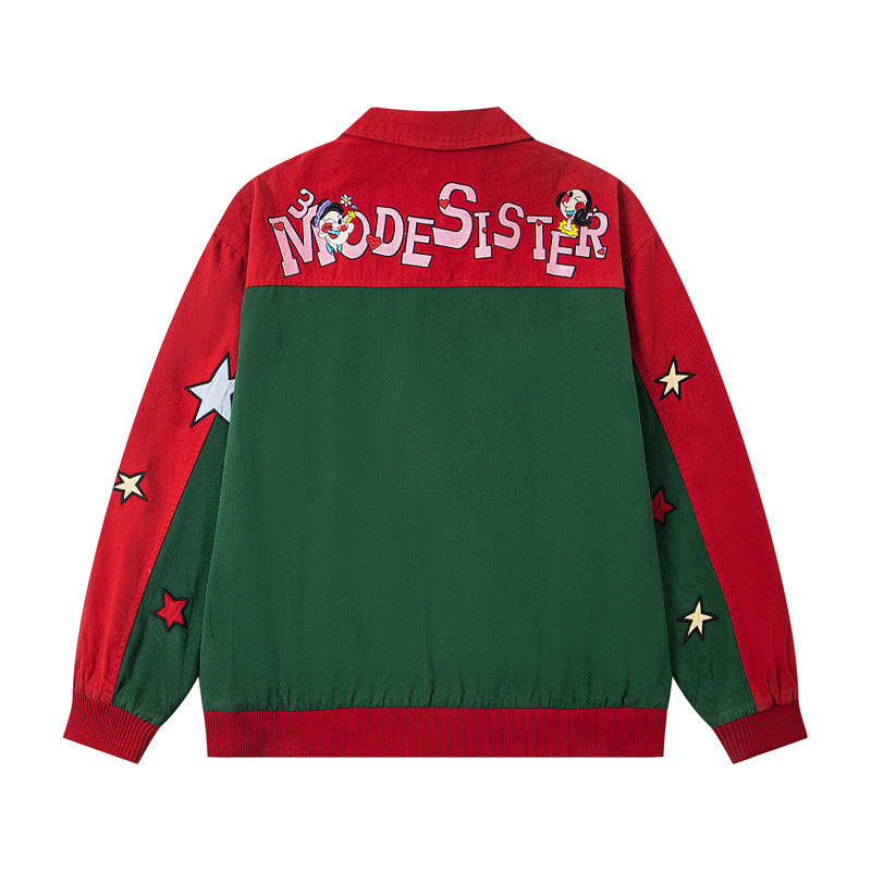 Vintage Style Cartoon Embroidery Color-block Baseball Jacket for Men and Women, Casual Loose Fit