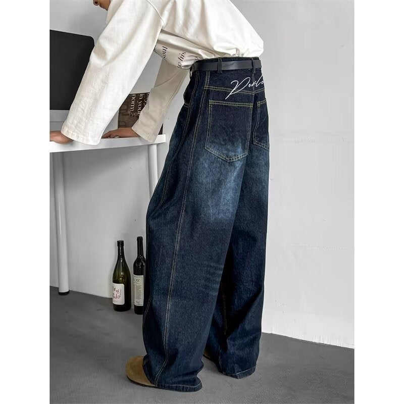 Deep blue washed wide leg jeans for men