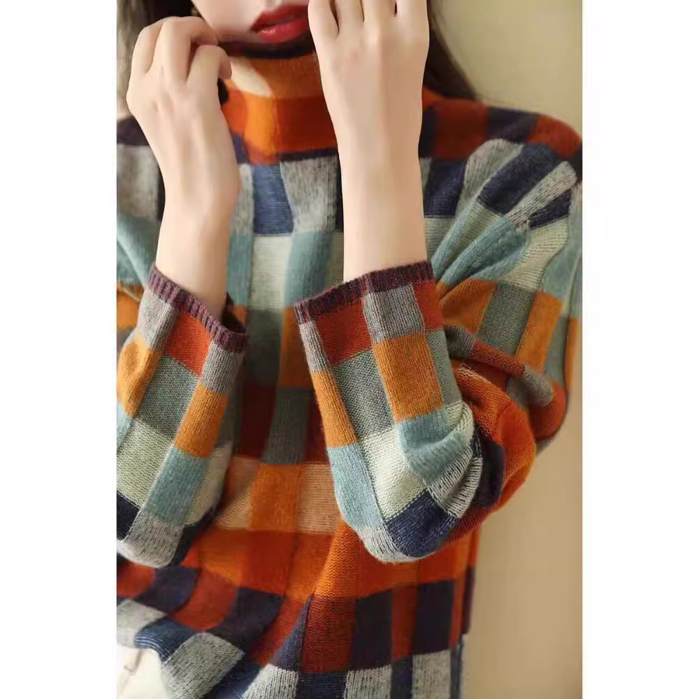 Autumn and winter high neck lazy slimming plaid sweater