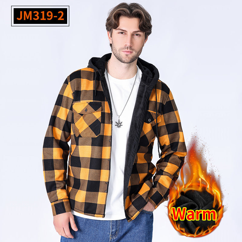 Casual fleece hooded checkered shirt for men outerwear for men