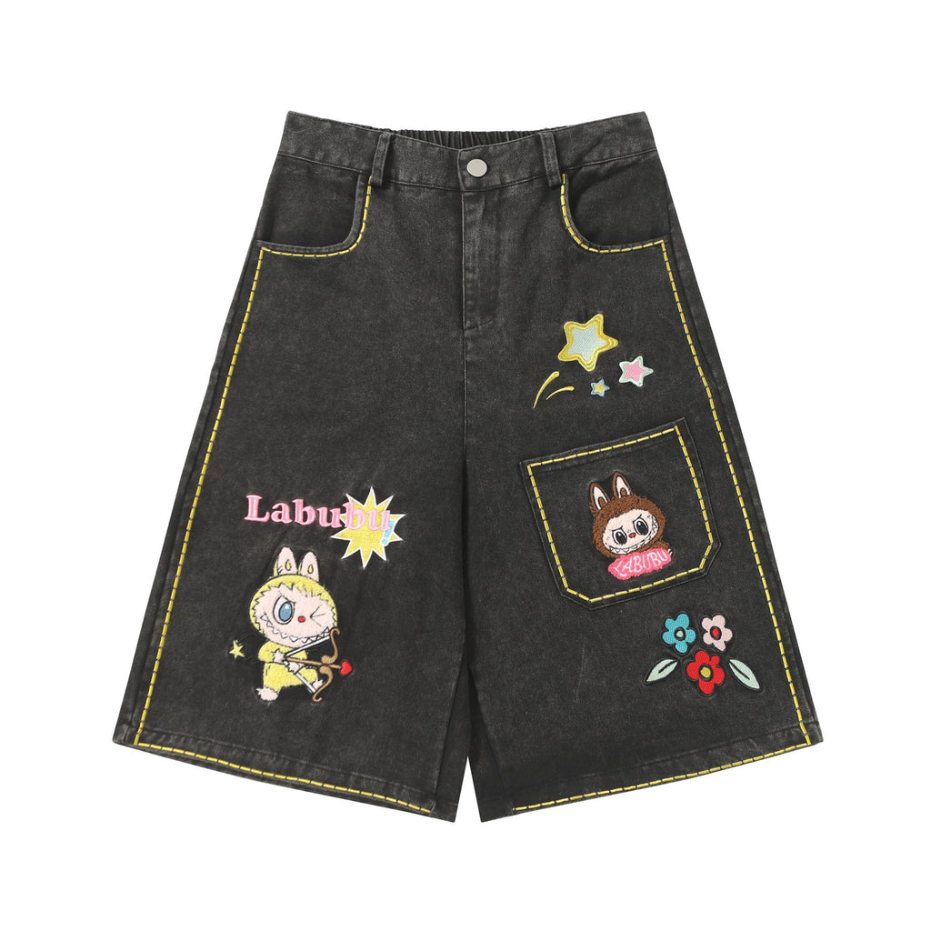 Cartoon embroidered denim shorts for men and women